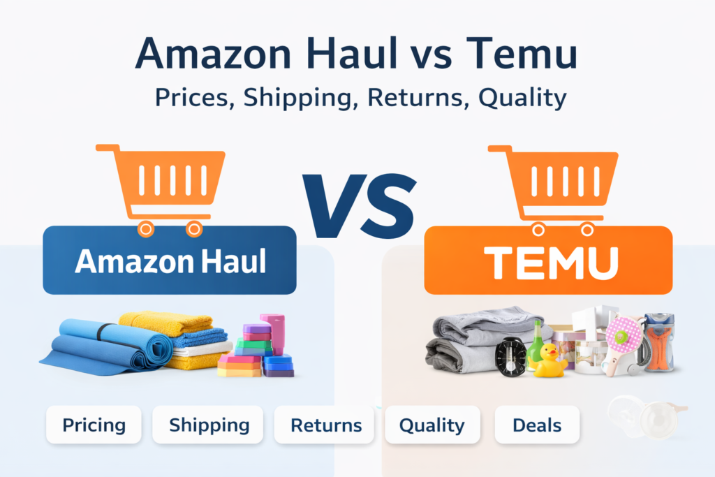 Amazon Haul vs Temu comparison graphic (prices, shipping, returns, quality)